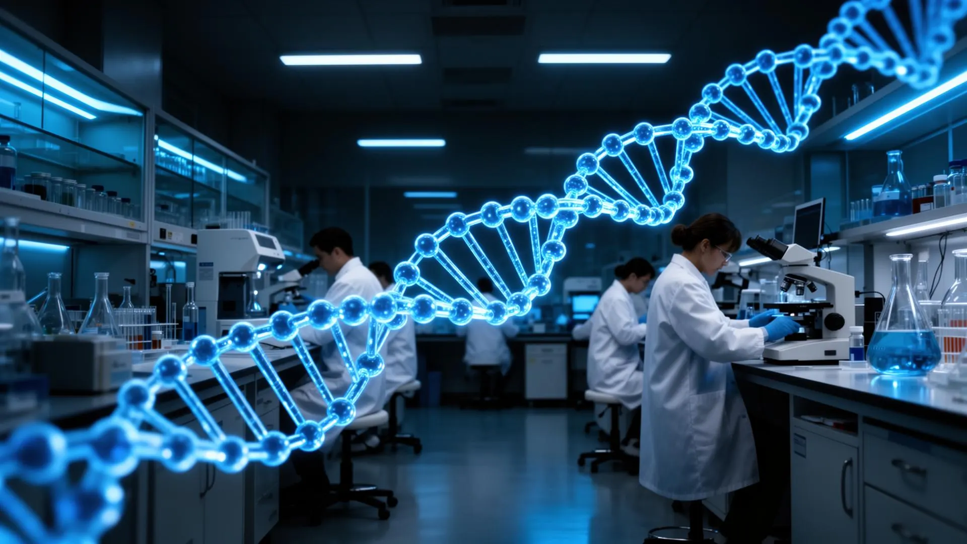 Advanced biotechnology research laboratory with scientists and molecular DNA graphics